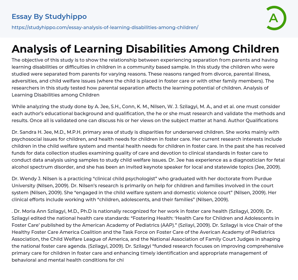 Analysis Of Learning Disabilities Among Children Essay Example 