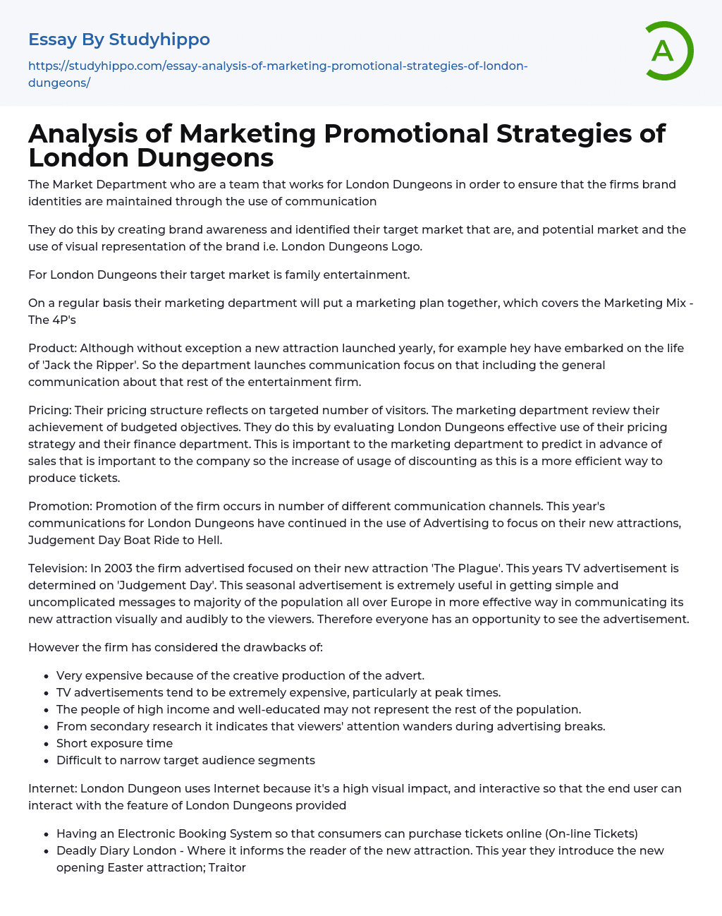 Analysis of Marketing Promotional Strategies of London Dungeons Essay Example