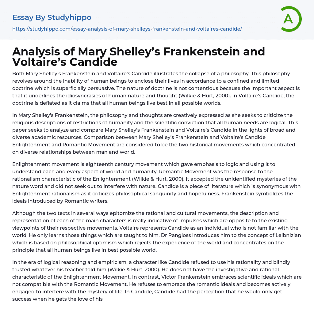 Analysis of Mary Shelley’s Frankenstein and Voltaire’s Candide Essay Example