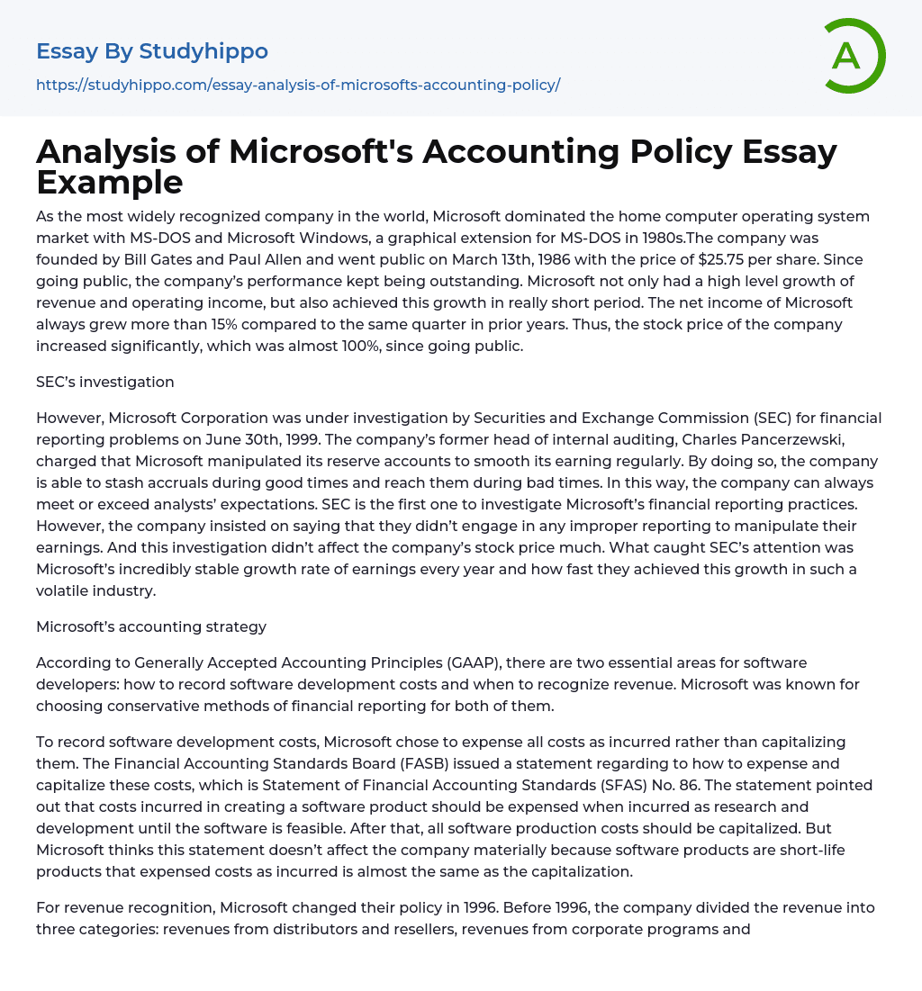 Analysis of Microsoft’s Accounting Policy Essay Example