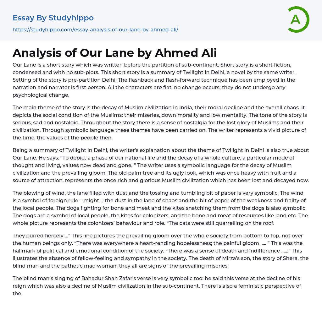 Analysis of Our Lane by Ahmed Ali Essay Example