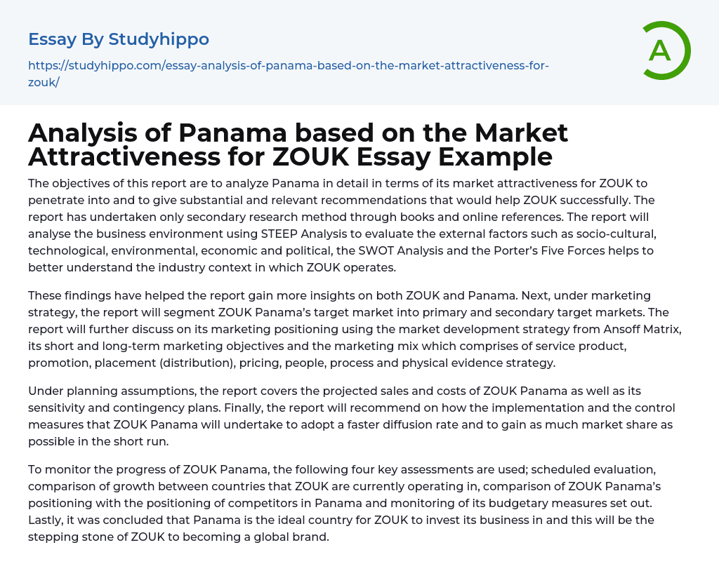 Analysis of Panama based on the Market Attractiveness for ZOUK Essay Example