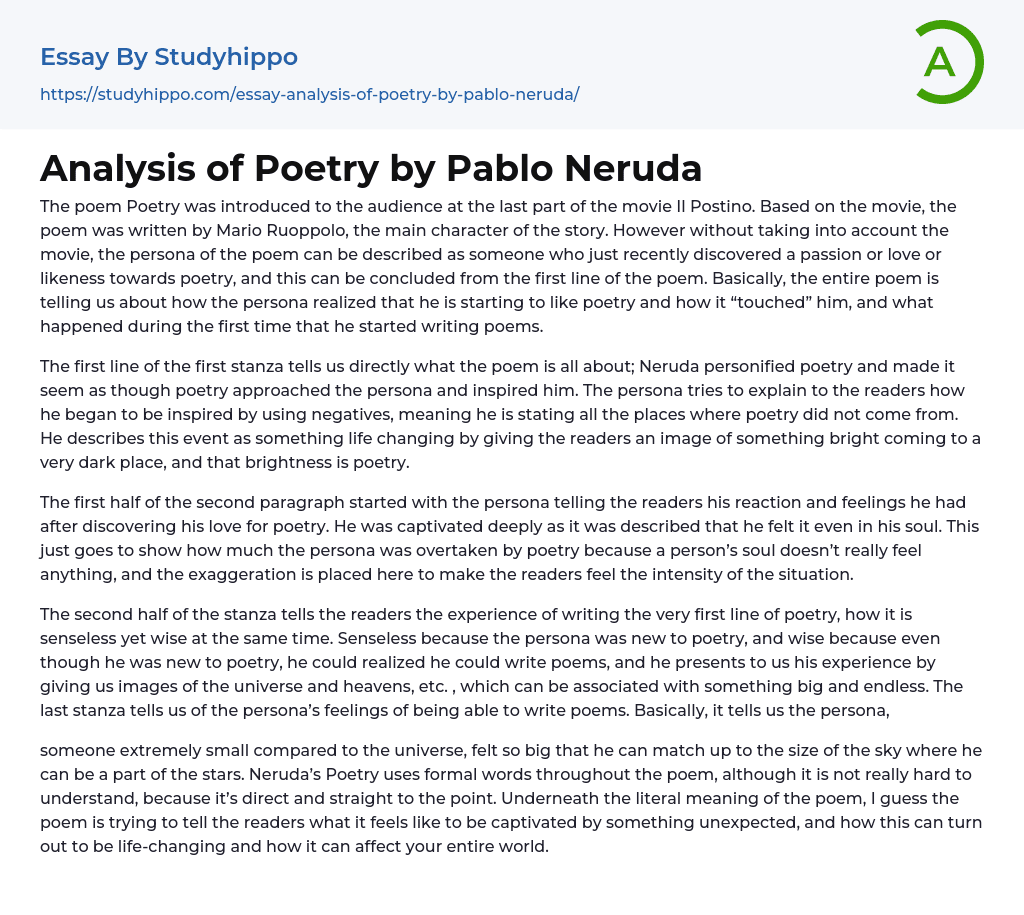 Analysis of Poetry by Pablo Neruda Essay Example