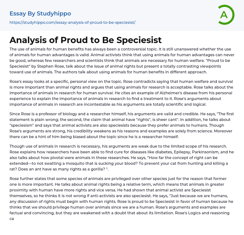 Analysis of Proud to Be Speciesist Essay Example