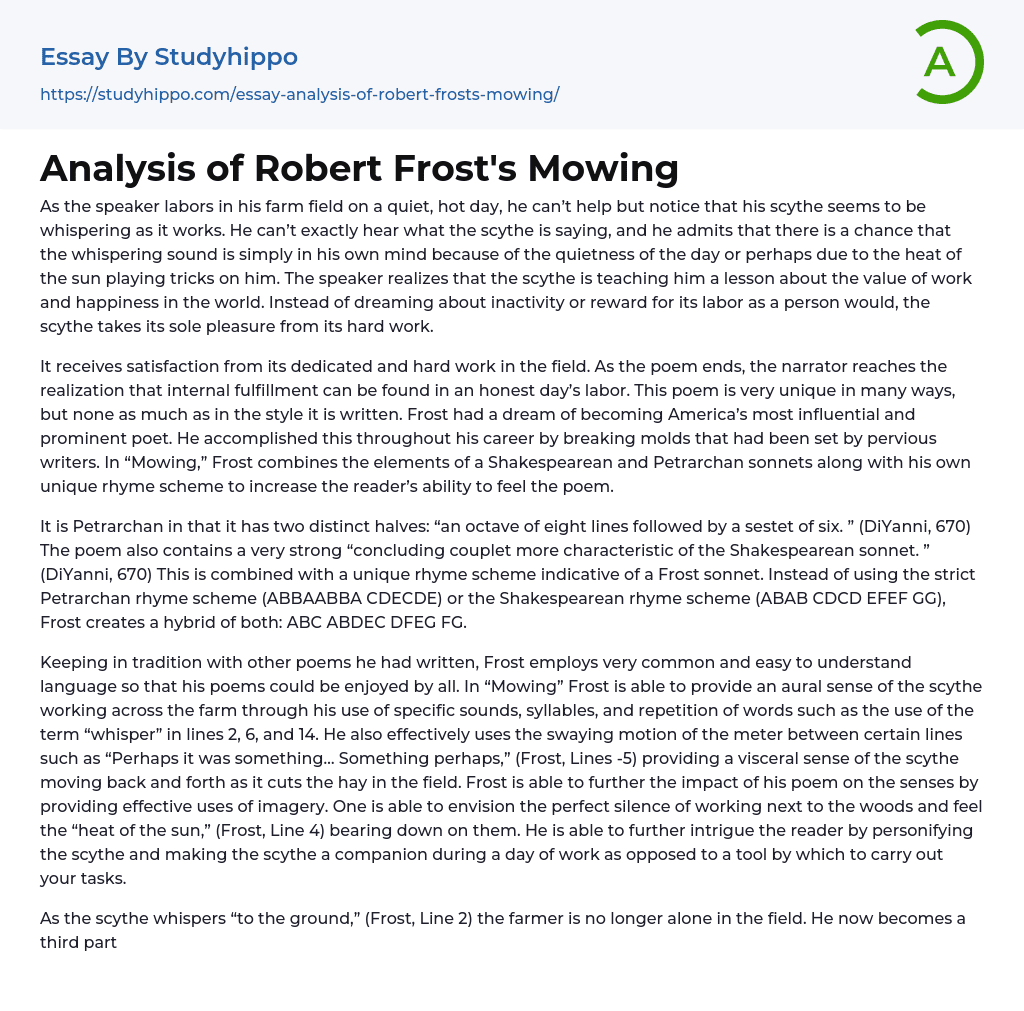 Analysis of Robert Frost’s “Mowing” Essay Example