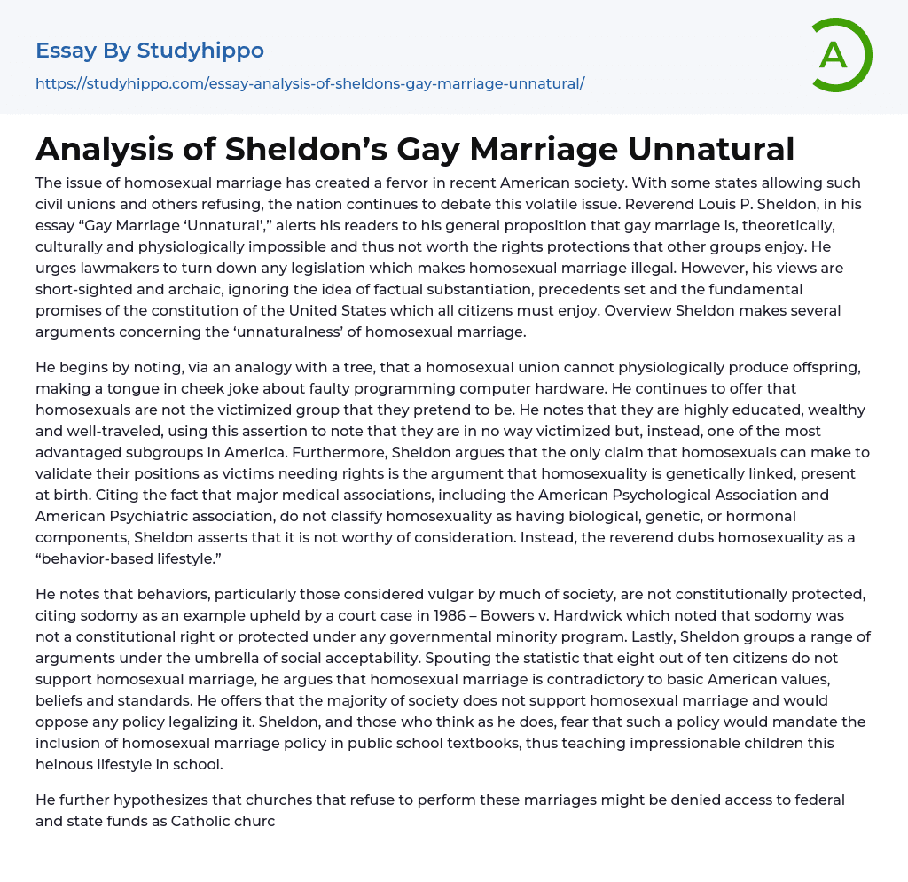Analysis of Sheldon’s Gay Marriage Unnatural Essay Example