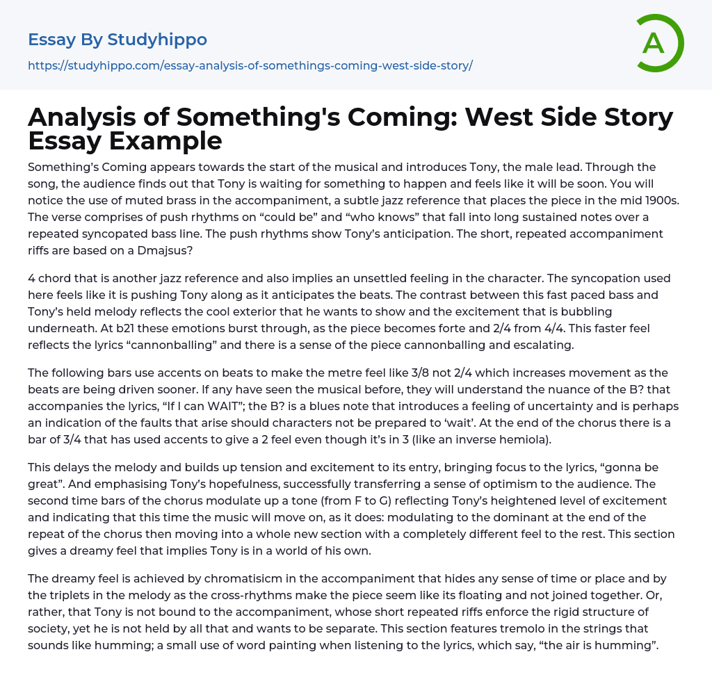 Analysis of Something’s Coming: West Side Story Essay Example