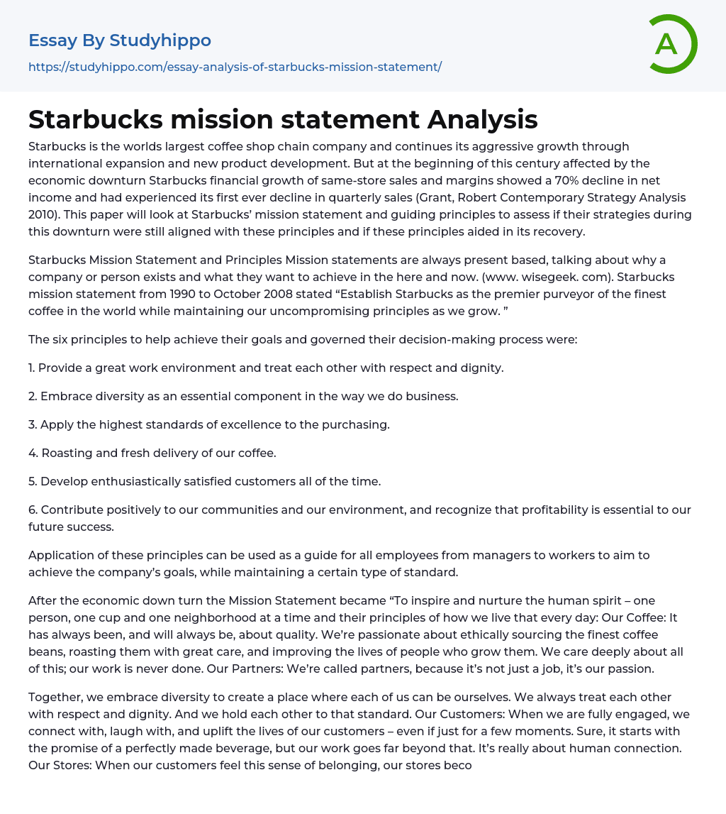 Starbucks mission statement Analysis Essay Example