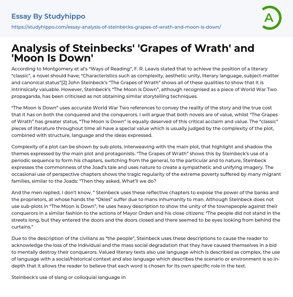 Analysis of Steinbecks’ ‘Grapes of Wrath’ and ‘Moon Is Down’ Essay Example