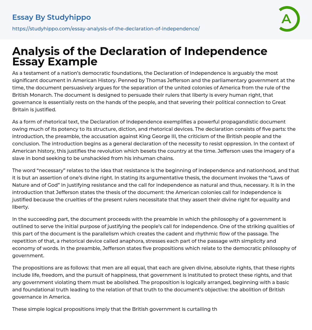 rhetorical analysis essay of the declaration of independence