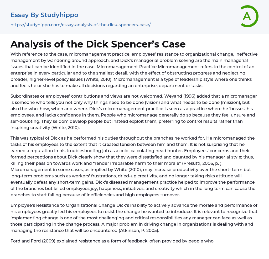Analysis of the Dick Spencer’s Case Essay Example