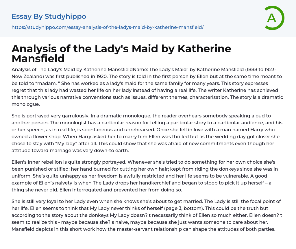 Analysis of the Lady’s Maid by Katherine Mansfield Essay Example