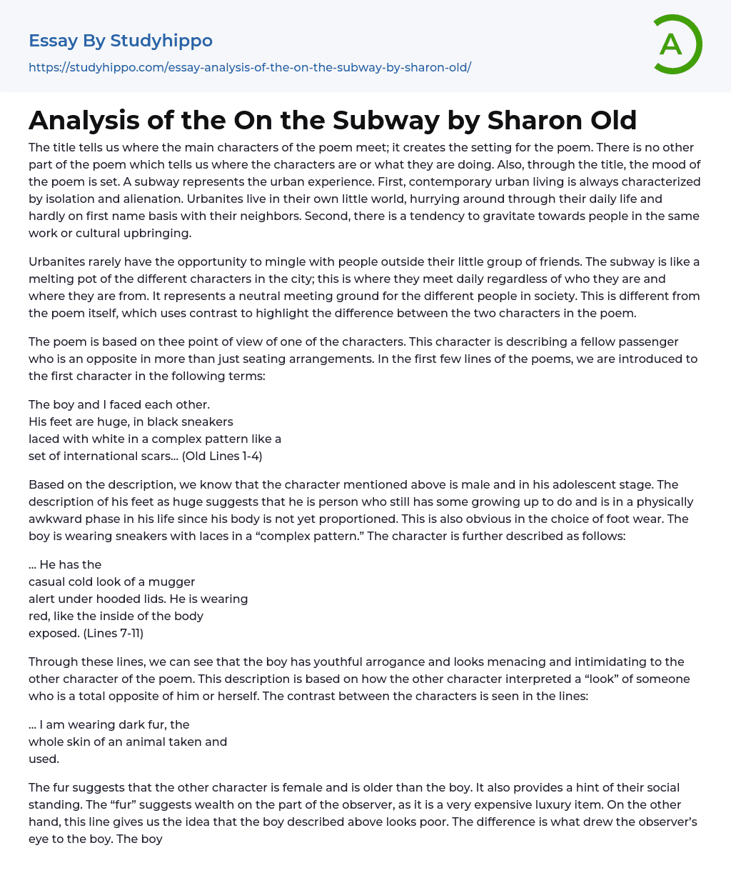 Analysis of the On the Subway by Sharon Old Essay Example