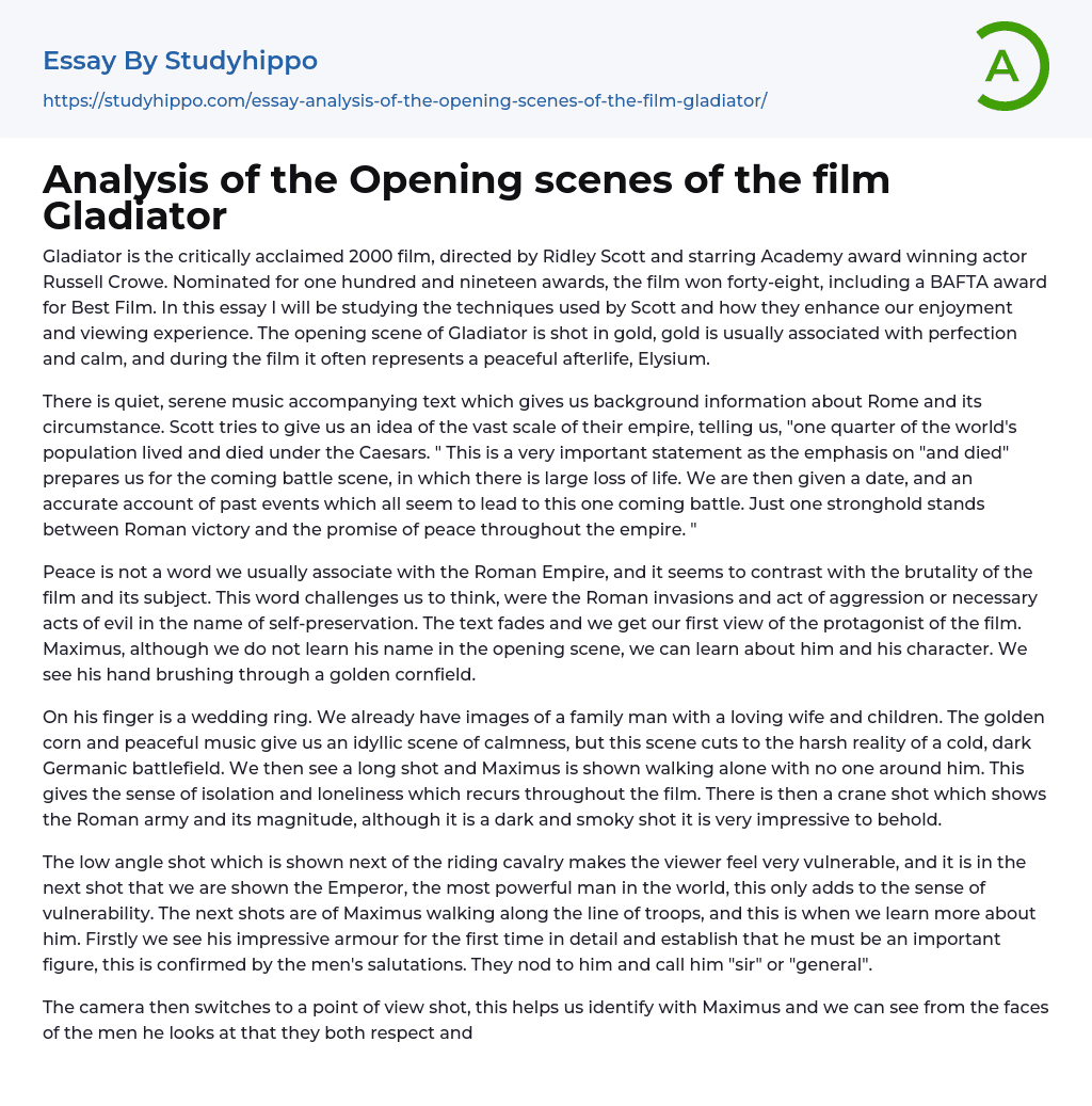 Analysis of the Opening scenes of the film Gladiator Essay Example