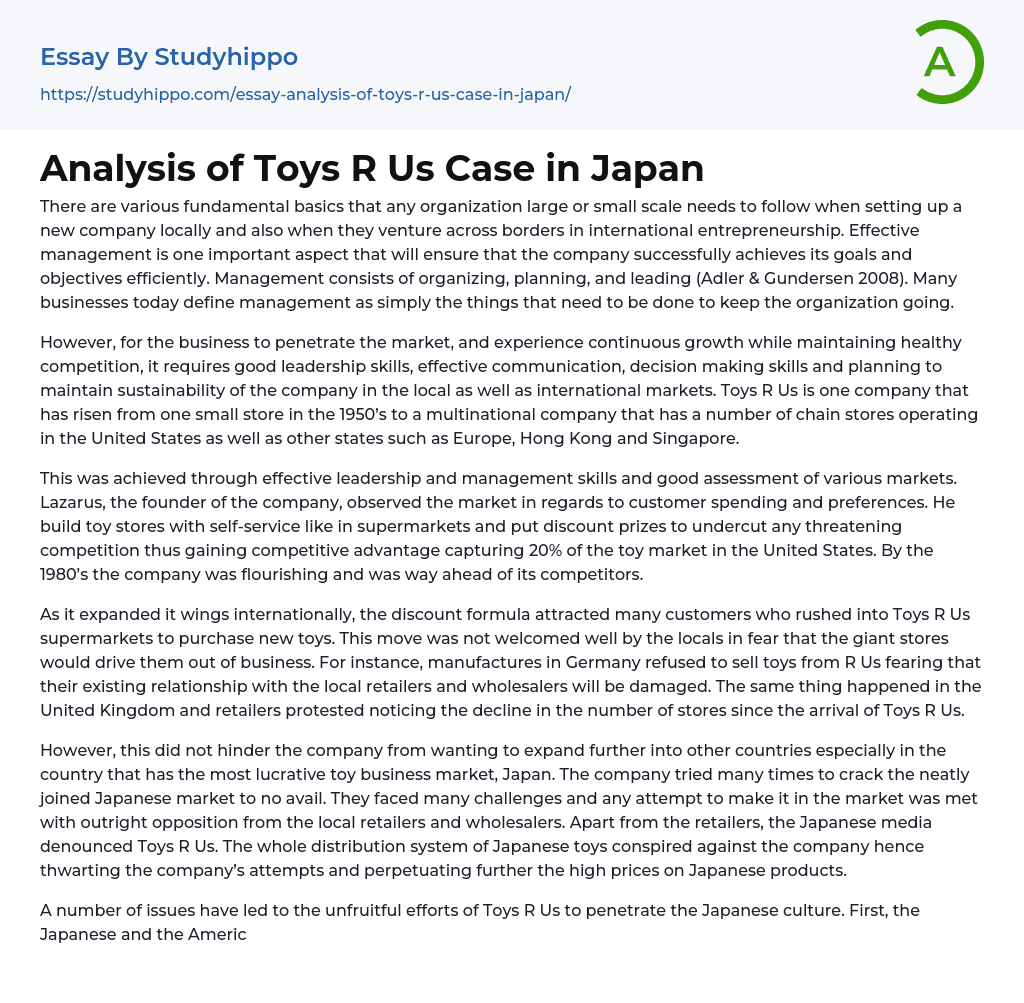 Analysis of Toys R Us Case in Japan Essay Example