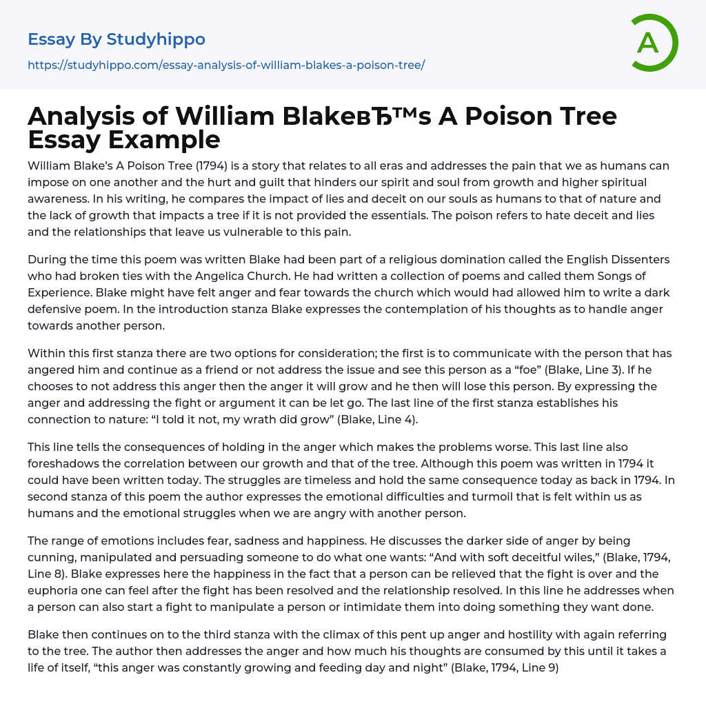 Analysis of William Blake’s A Poison Tree Essay Example