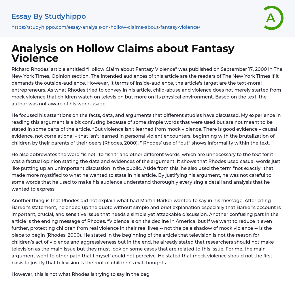 Analysis on Hollow Claims about Fantasy Violence Essay Example