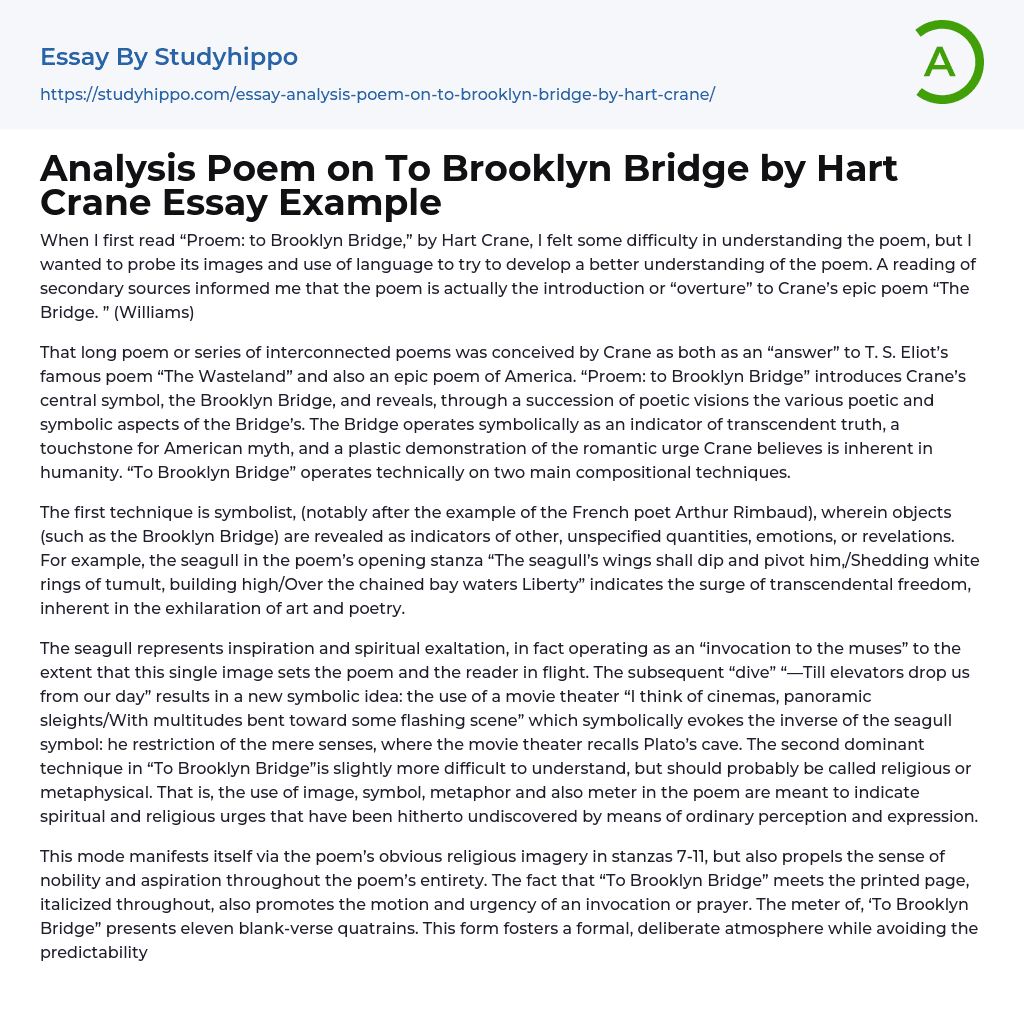 Analysis Poem on To Brooklyn Bridge by Hart Crane Essay Example