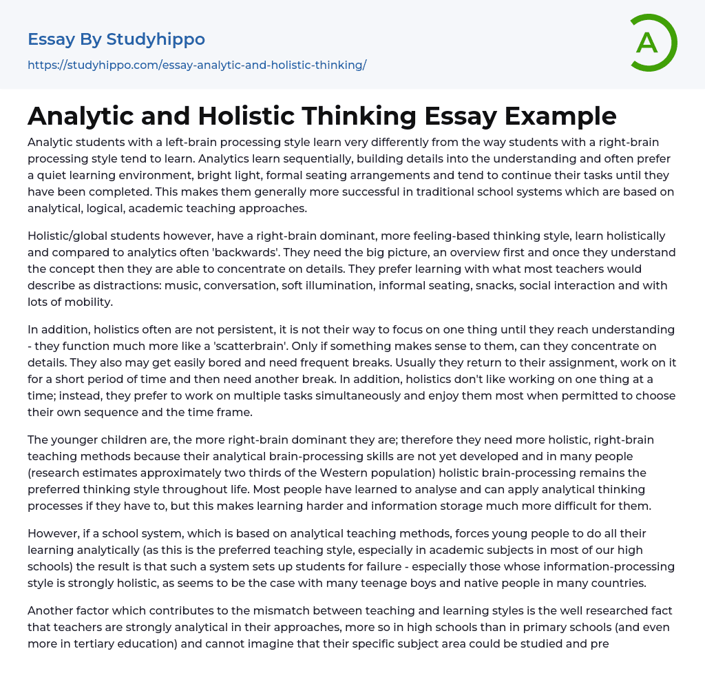 Analytic and Holistic Thinking Essay Example