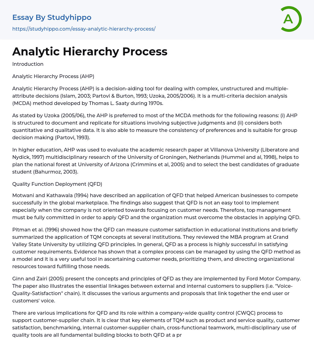 Analytic Hierarchy Process Essay Example