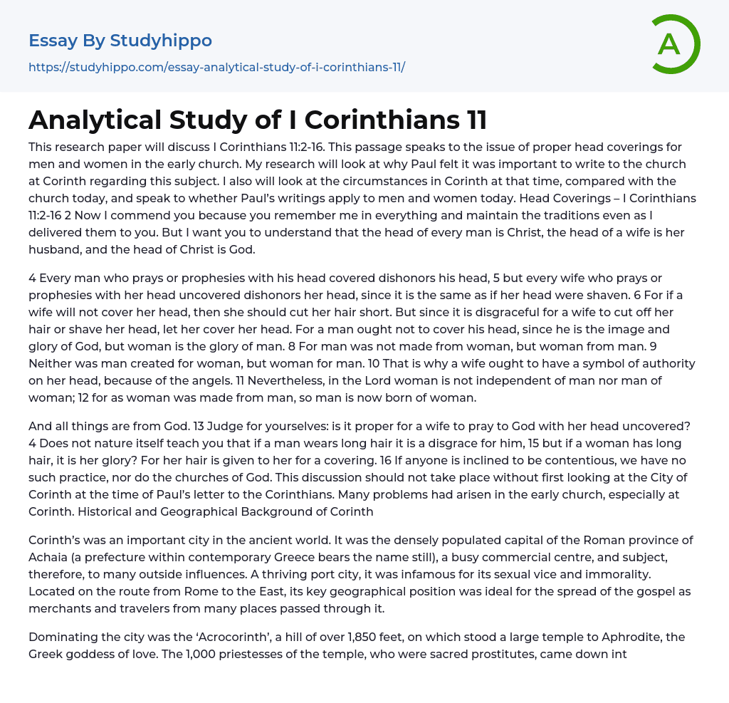 Analytical Study of I Corinthians 11 Essay Example