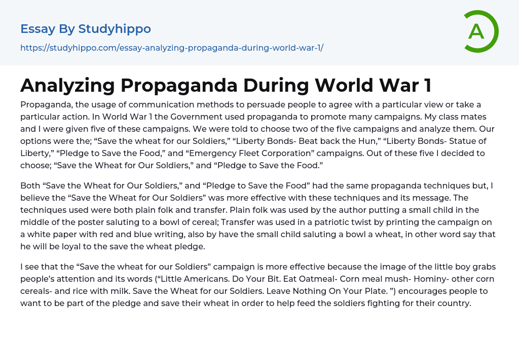 Analyzing Propaganda During World War 1 Essay Example
