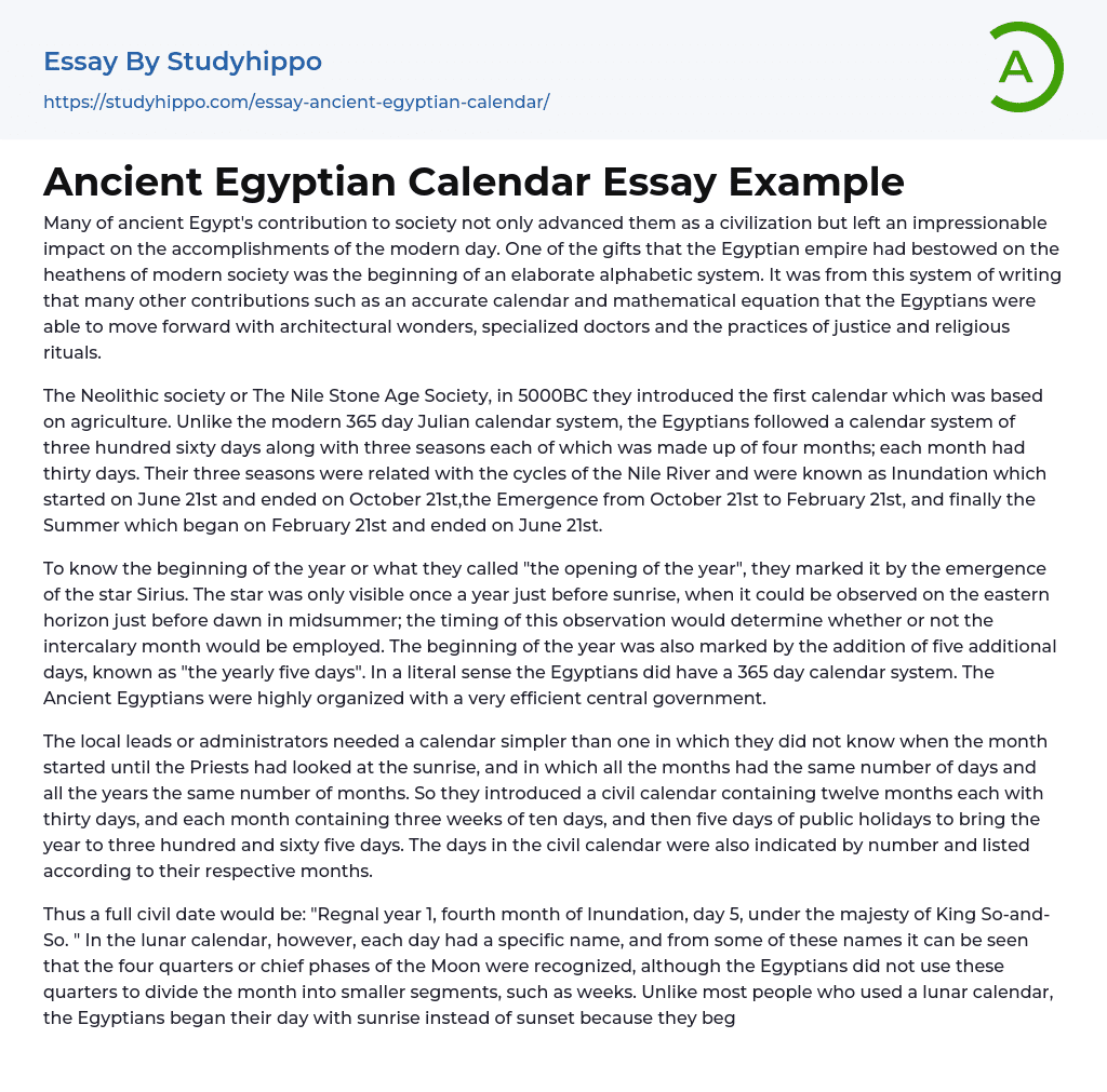 Ancient Egyptian Calendar Essay Example