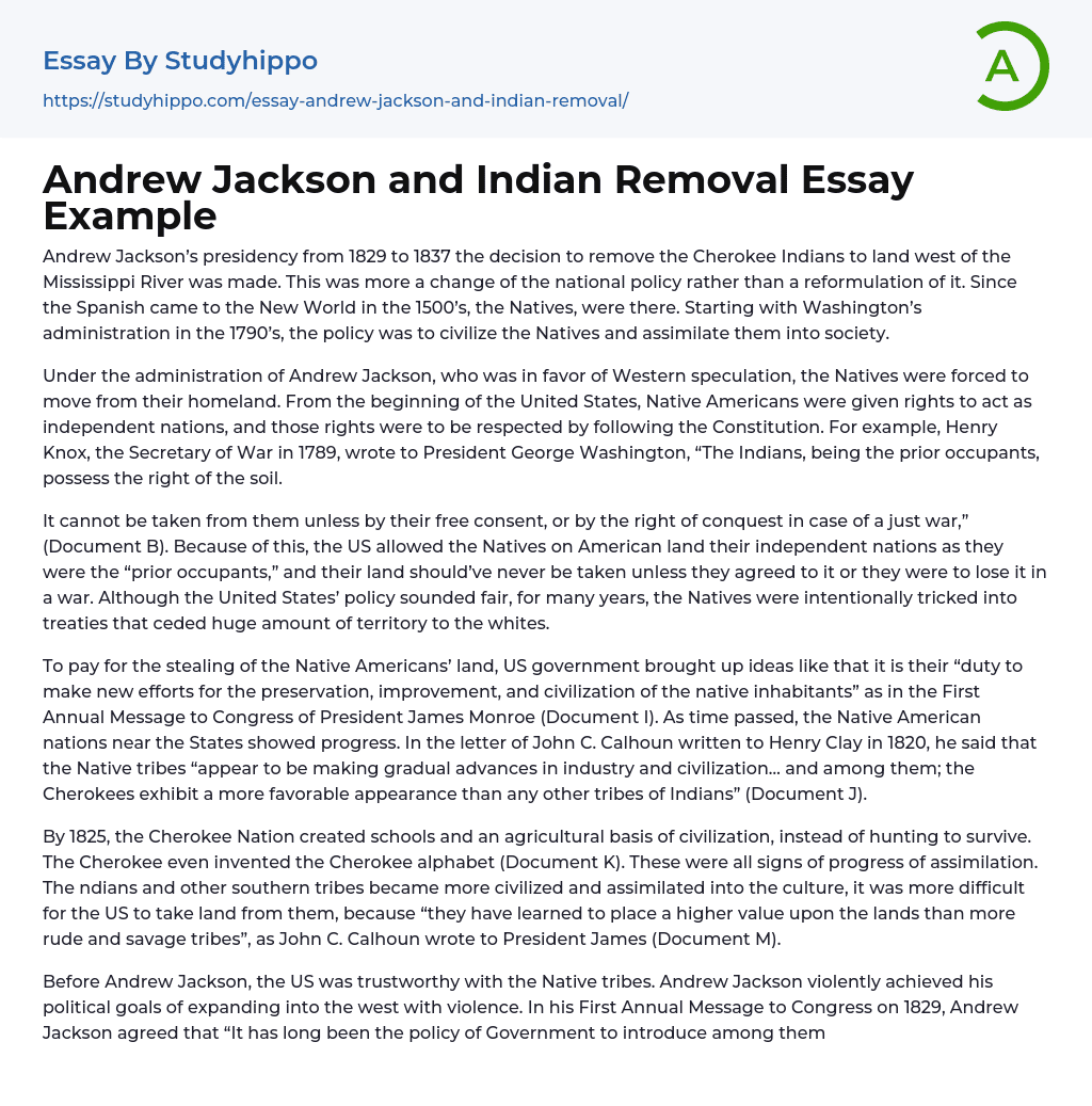 Andrew Jackson and Indian Removal Essay Example