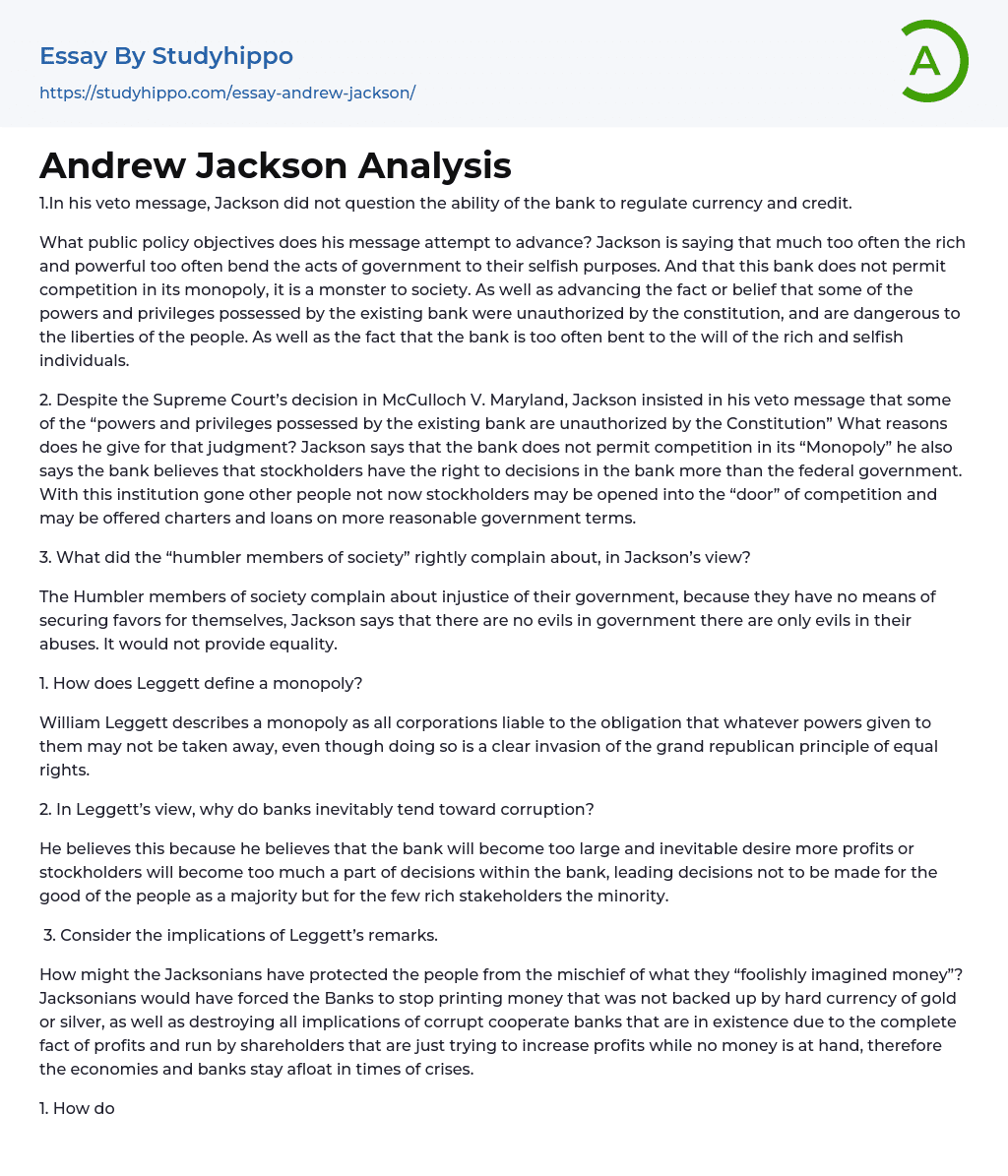 Andrew Jackson Analysis Essay Example