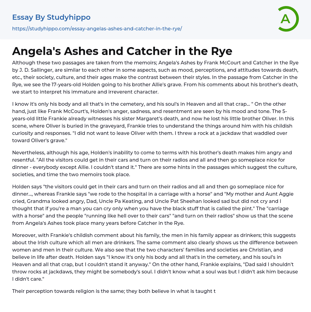 Angela’s Ashes and Catcher in the Rye Essay Example