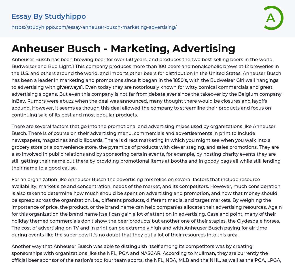 Anheuser Busch – Marketing, Advertising Essay Example