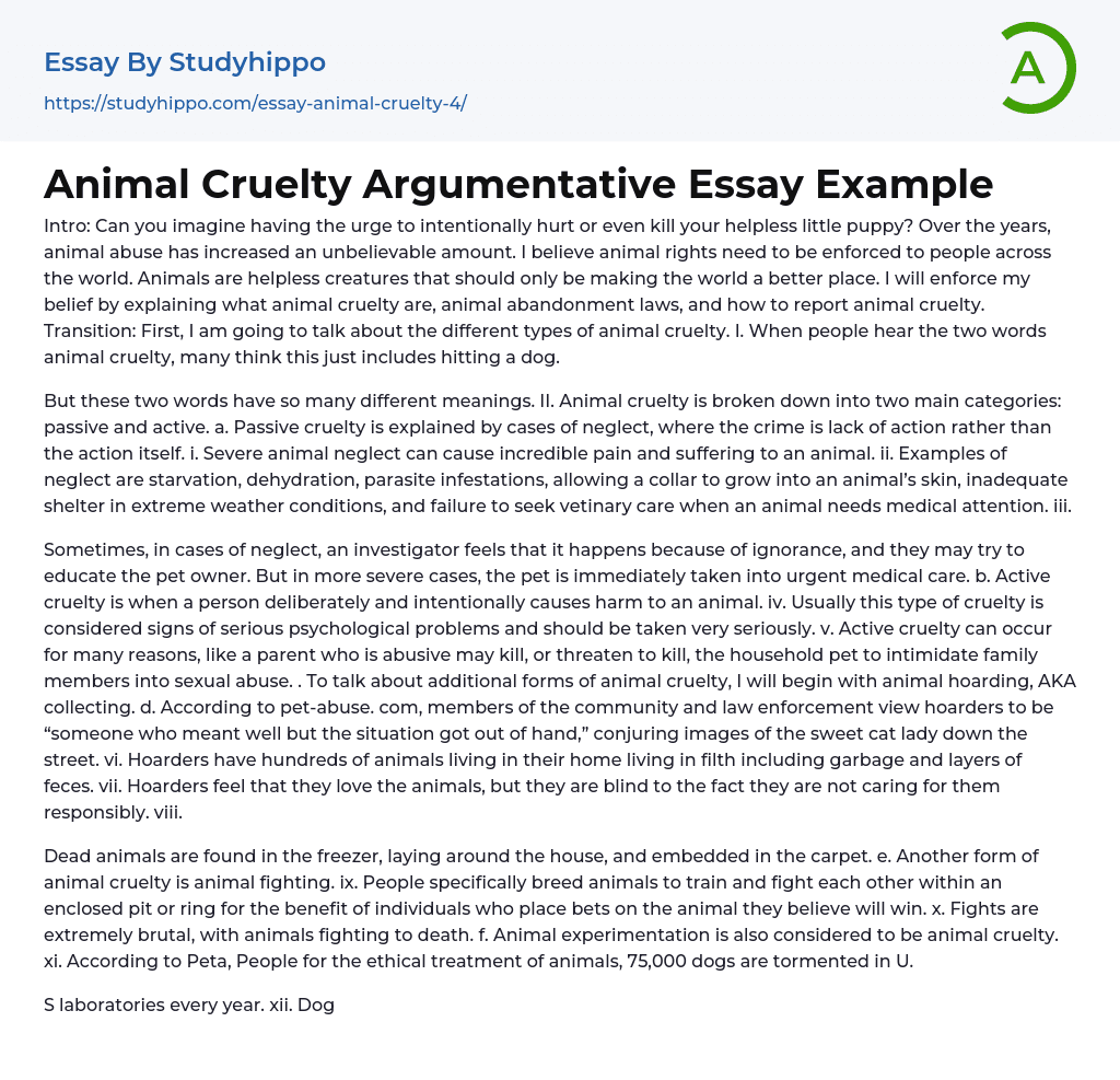 Animal Cruelty Argumentative Essay Example