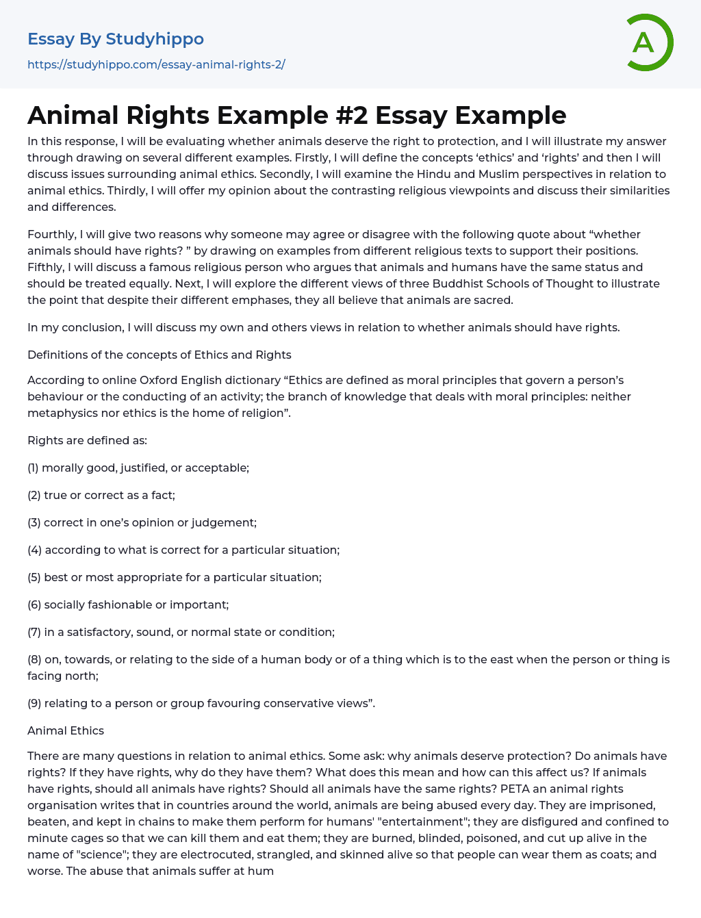 Animal Rights Example #2 Essay Example