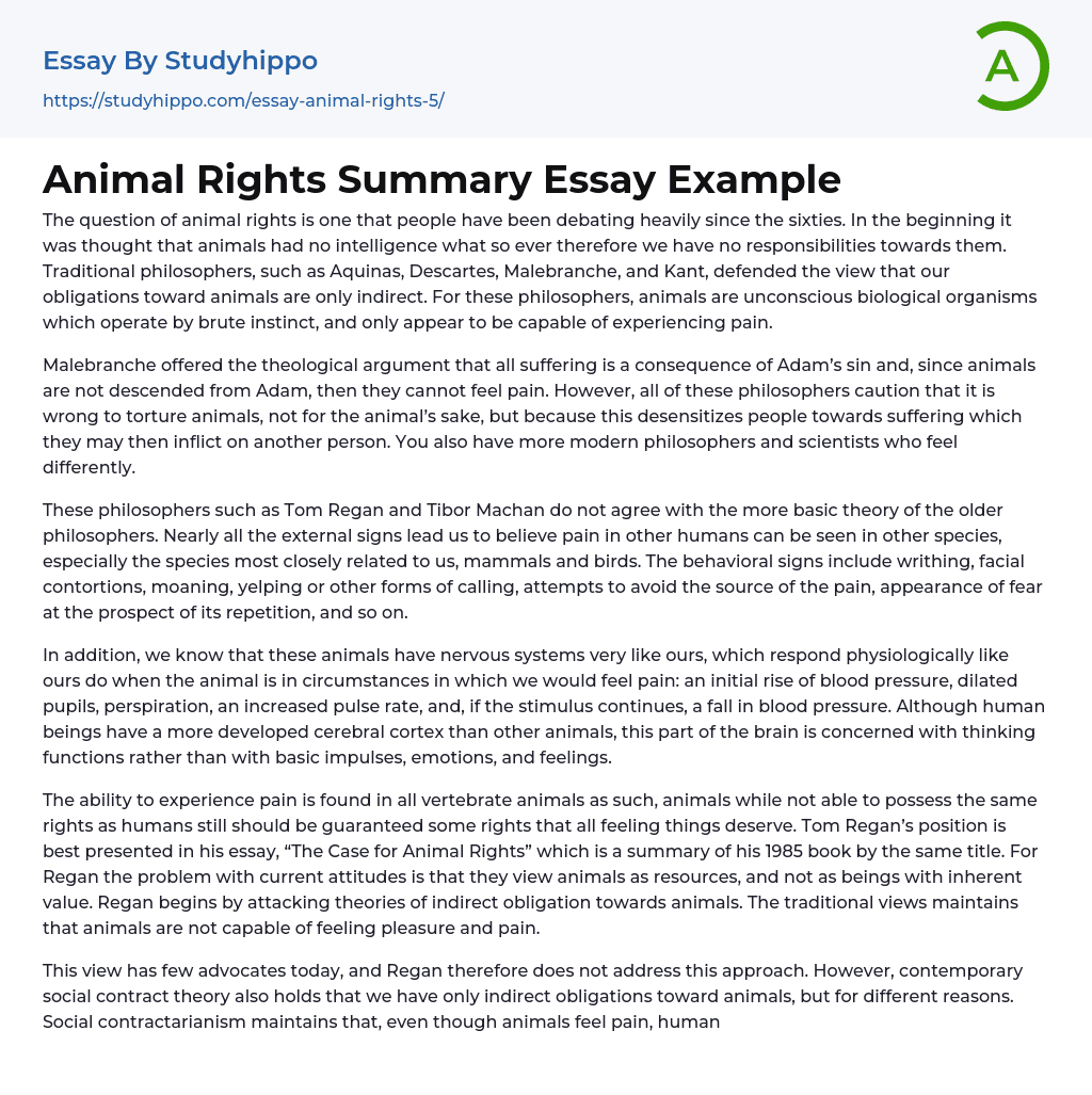 Animal Rights Summary Essay Example