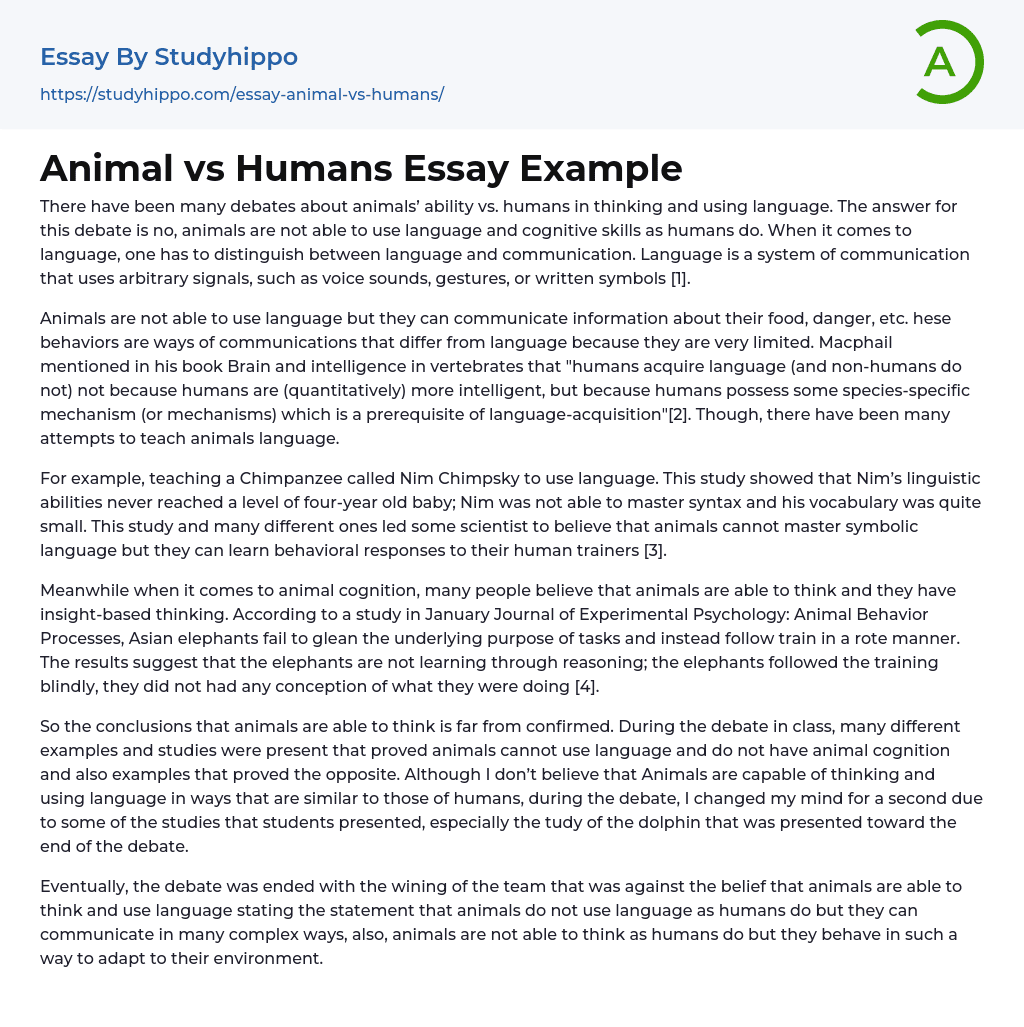 Animal vs Humans Essay Example