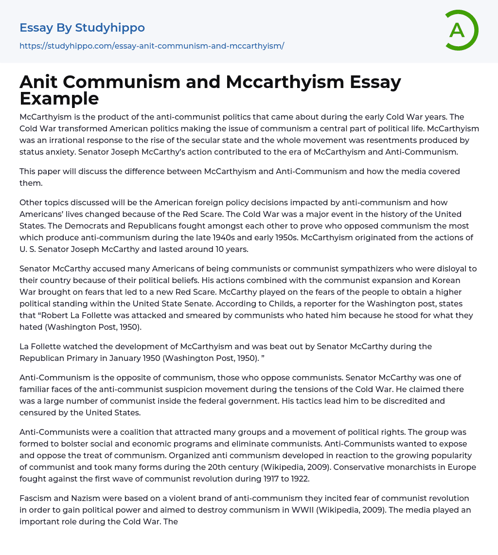 Anit Communism and Mccarthyism Essay Example