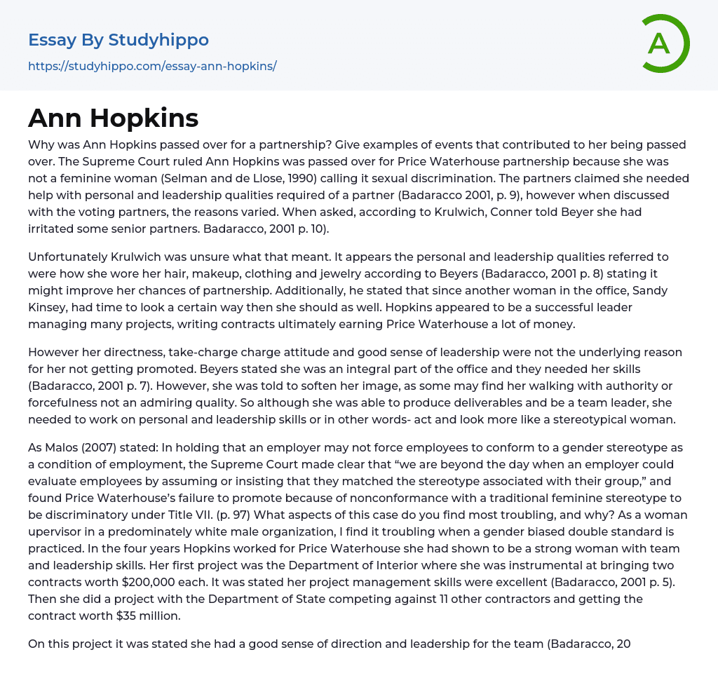 Ann Hopkins Essay Example