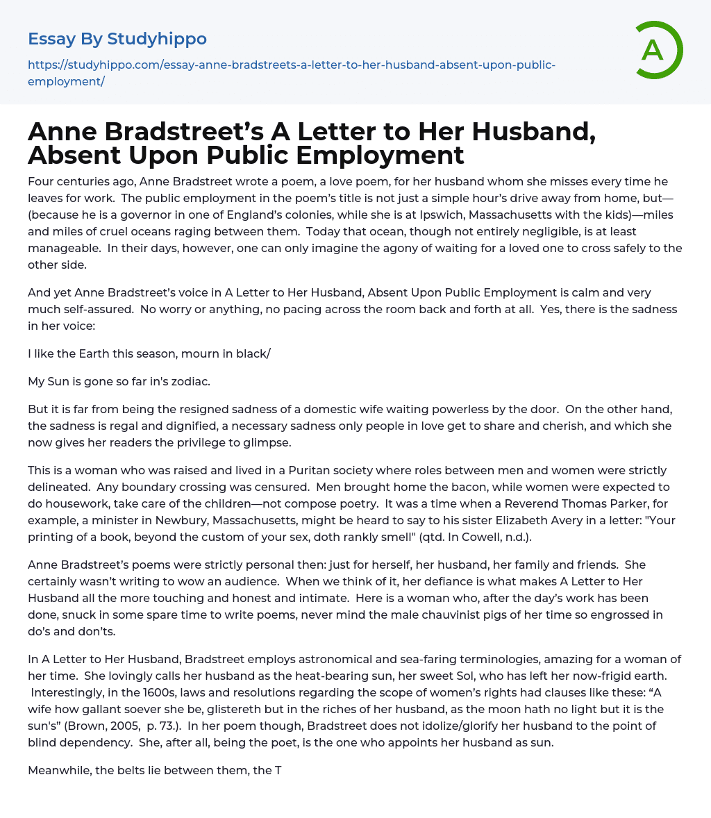 Anne Bradstreet’s A Letter to Her Husband, Absent Upon Public Employment Essay Example
