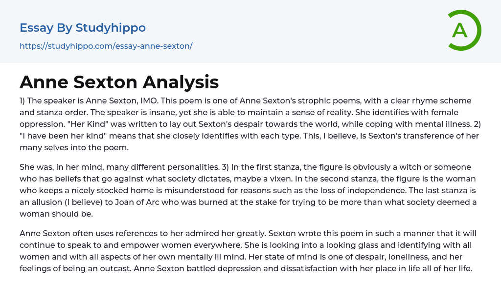 Anne Sexton Analysis Essay Example