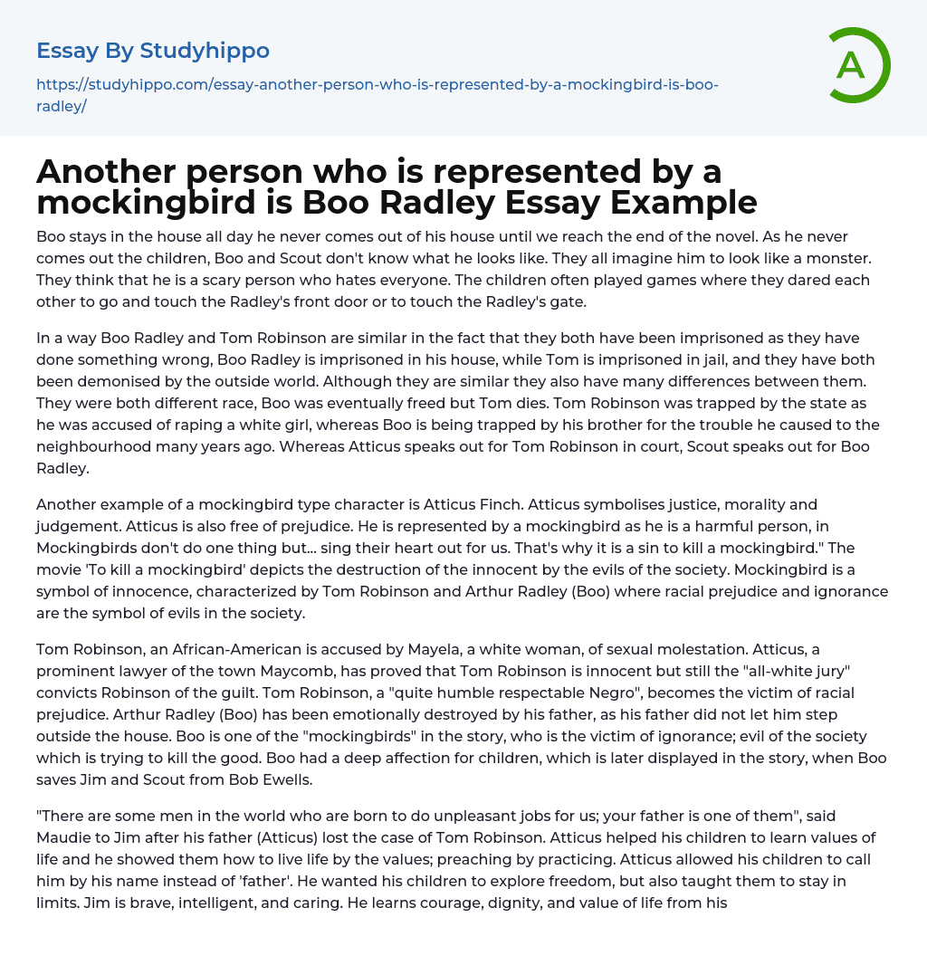 Another person who is represented by a mockingbird is Boo Radley Essay Example