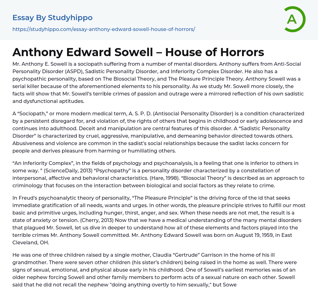 Anthony Edward Sowell – House of Horrors Essay Example