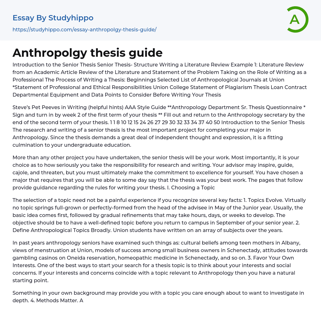 Anthropolgy thesis guide Essay Example