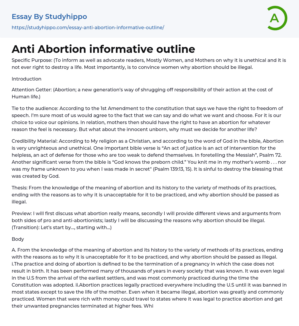 Anti Abortion informative outline Essay Example