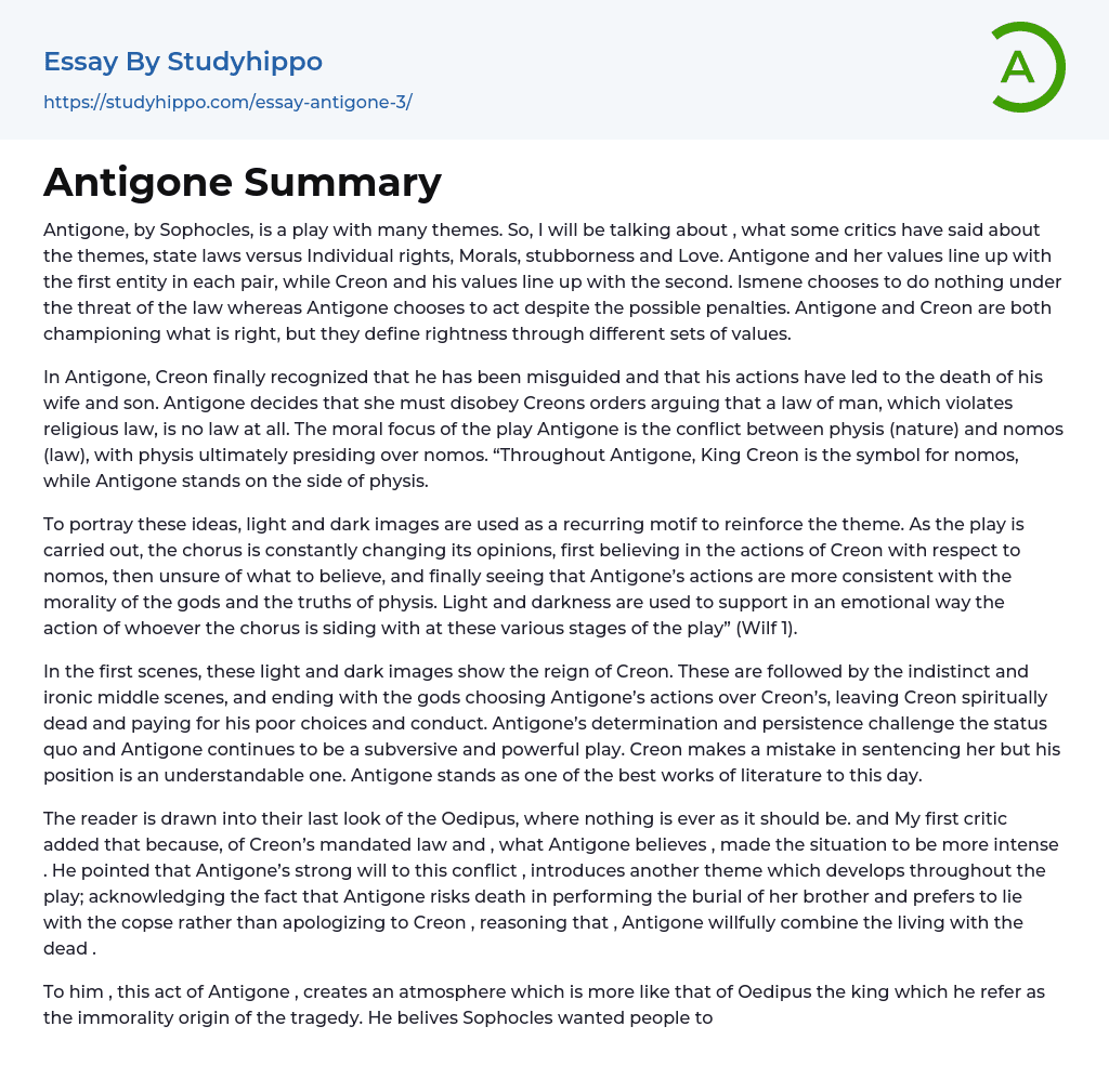 Antigone Summary Essay Example