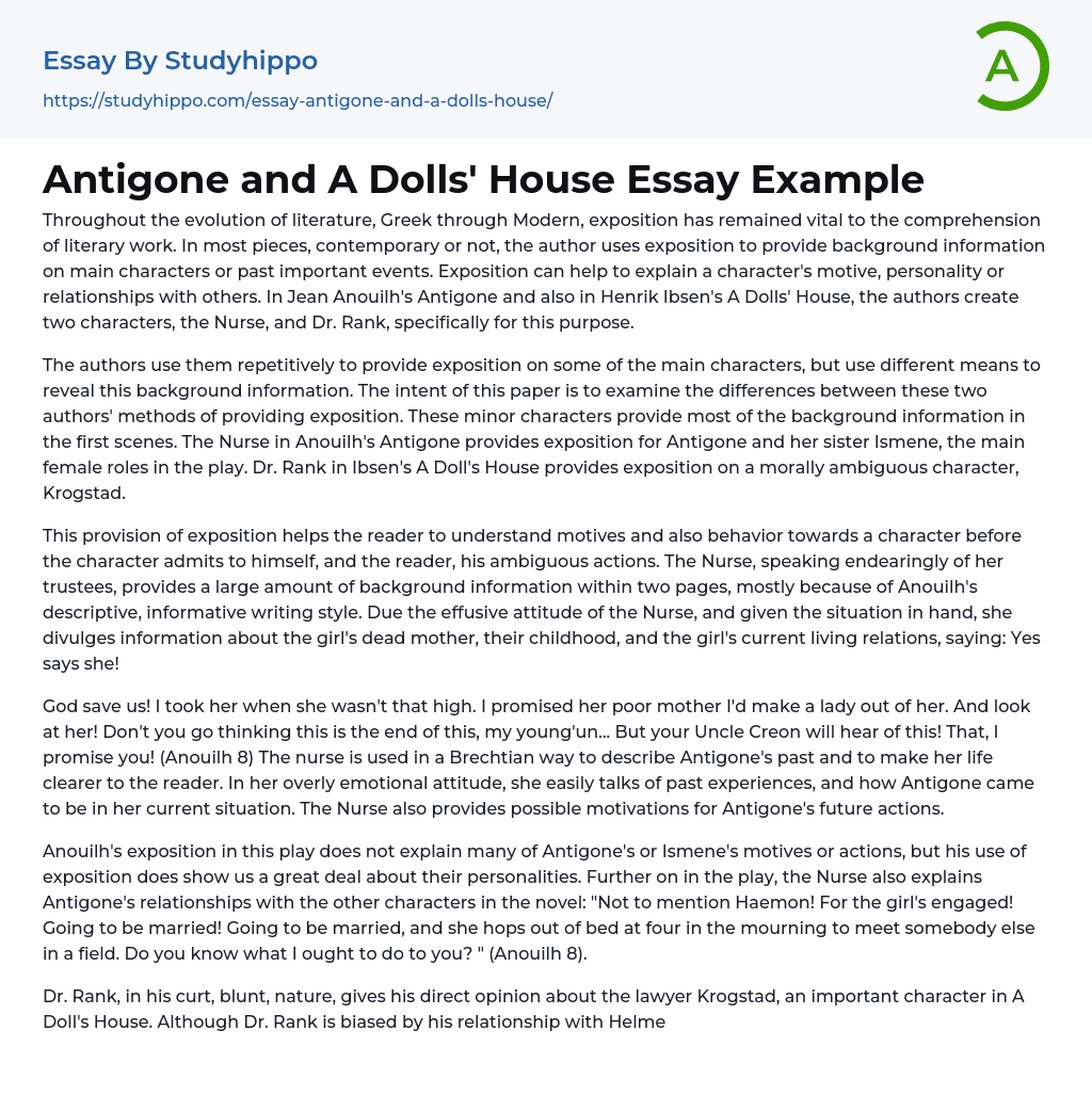 Antigone and A Dolls’ House Essay Example