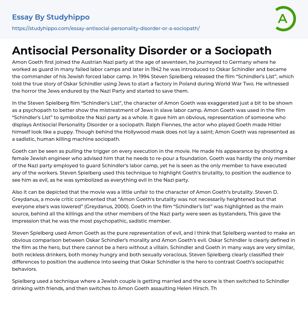 Antisocial Personality Disorder or a Sociopath Essay Example