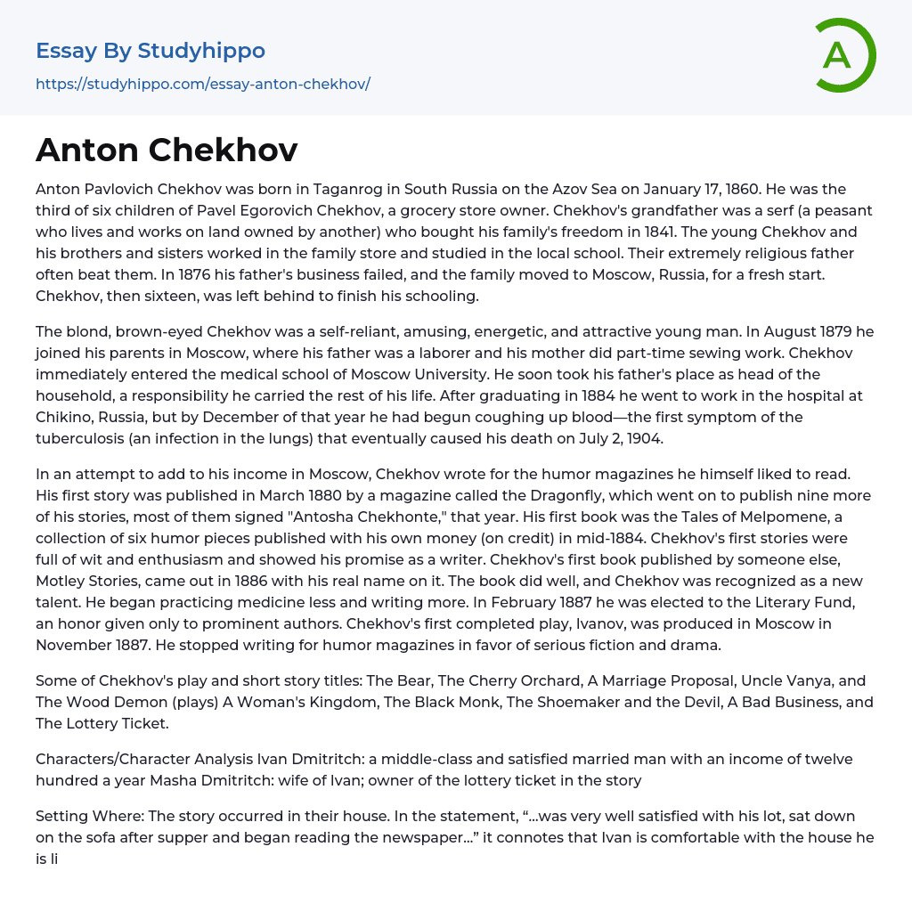 Anton Chekhov Essay Example