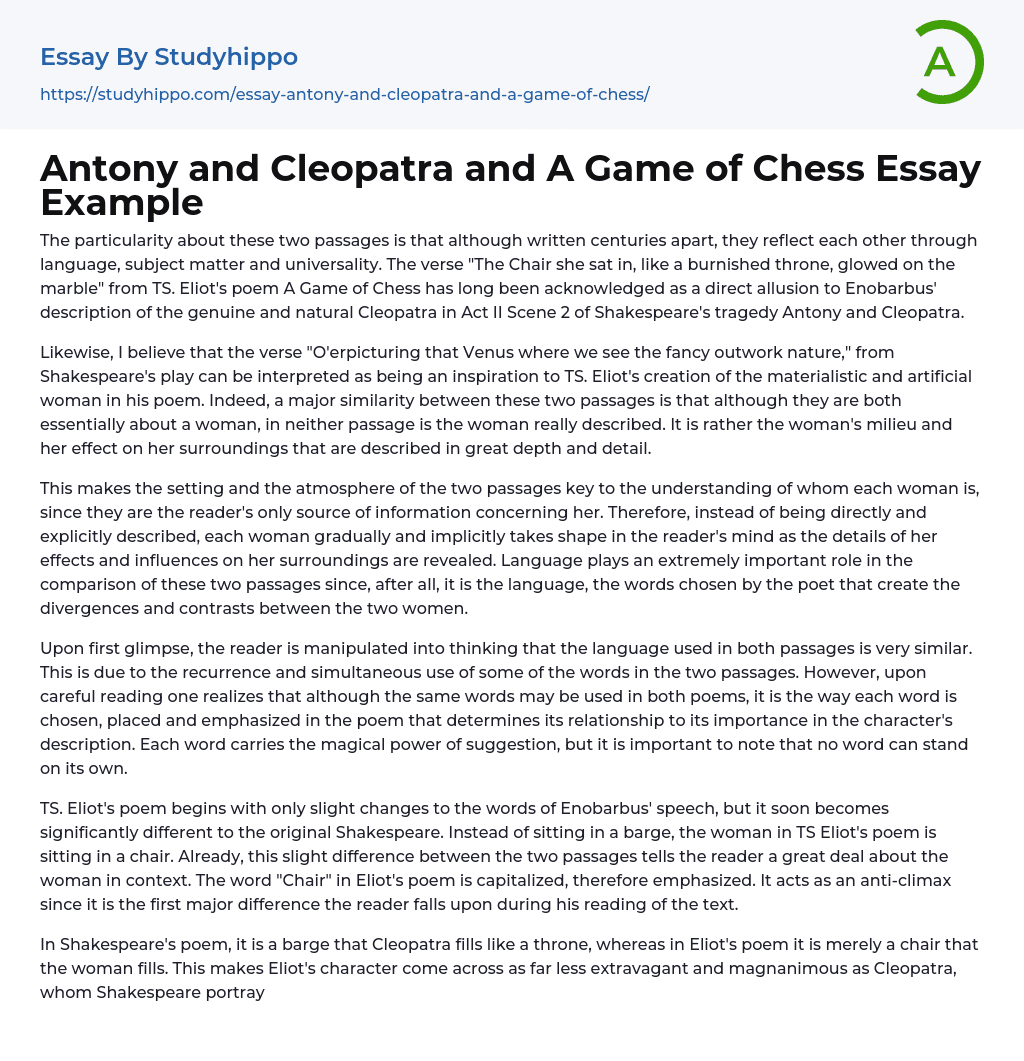 Antony and Cleopatra and A Game of Chess Essay Example