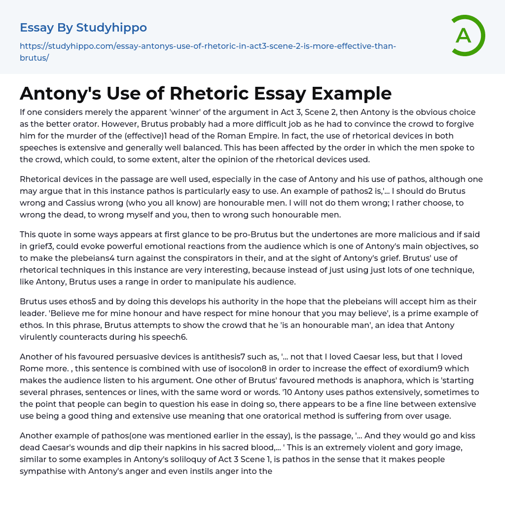 Antony’s Use of Rhetoric Essay Example