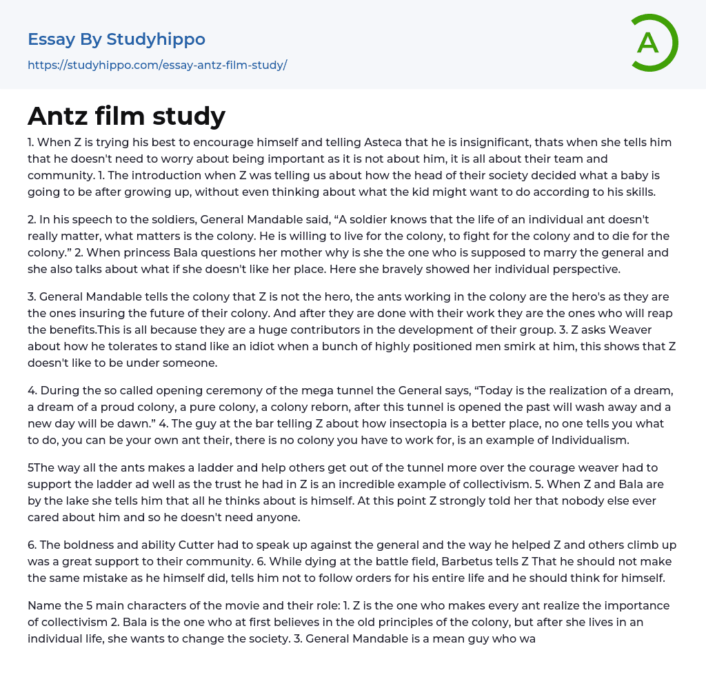 Antz film study Essay Example